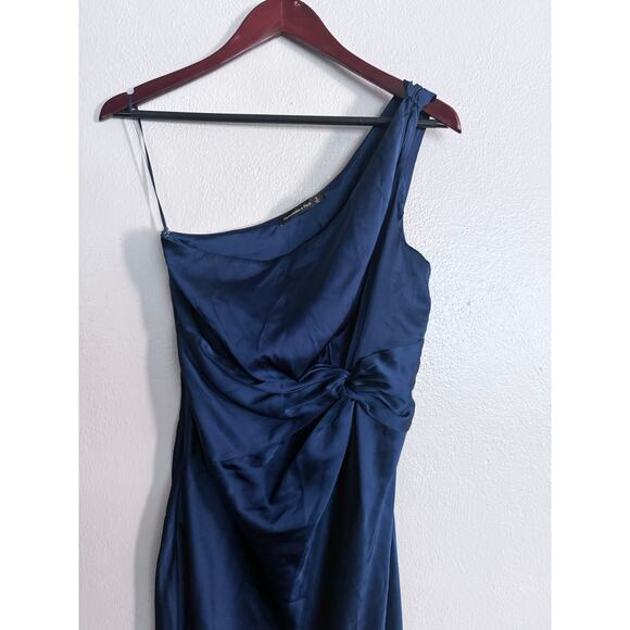 ABERCROMBIE AND FITCH a&f blue one shoulder satin knotted midi side slit dress - Picture 5 of 10